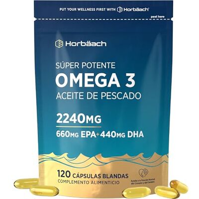 Horbäach Ômega 3 cápsulas 2240 mg 660 mg EPA 440 mg DHA 120 pérolas de óleo de peixe puro Horbaach Horbäach Ômega 3 cápsulas 2240 mg 660 mg EPA 440 mg DHA 120 pérolas de óleo de peixe puro Horbaach