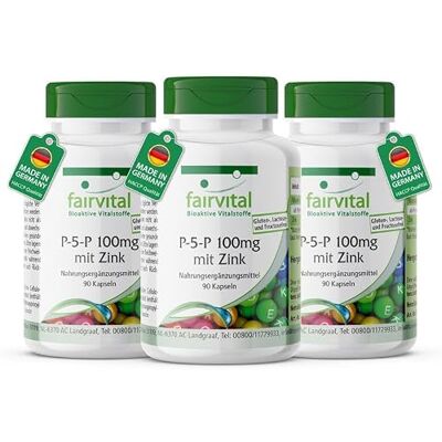 fairvital Piridoxal-5-fosfato, 100 mg, 270 cápsulas (90 x 3), vitamina B6 P-5-P ativa com zinco, alta dose e VEGANO fairvital Piridoxal-5-fosfato, 100 mg, 270 cápsulas (90 x 3), vitamina B6 P-5-P ativa com zinco, alta dose e VEGANO