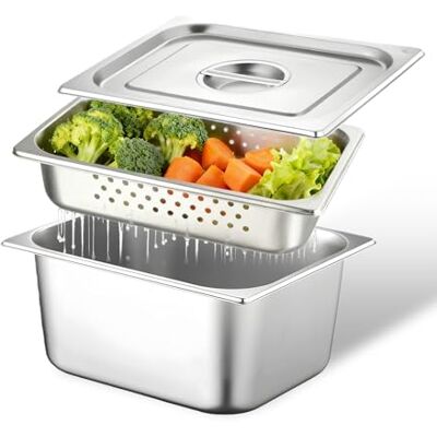 SUNOYA Conjunto de bandejas para empanar, recipiente gastronorm, recipiente gastronorm, aço inoxidável, 32,5 x 26,5 x 10 cm, frigideira de aço inoxidável com orifícios e tampa para drenar ou como bandeja de SUNOYA Conjunto de bandejas para empanar, recipiente gastronorm, recipiente gastronorm, aço inoxidável, 32,5 x 26,5 x 10 cm, frigideira de aço inoxidável com orifícios e tampa para drenar ou como bandeja de
