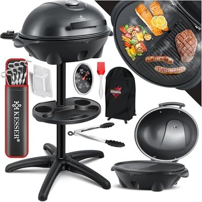 KESSER ® Churrasqueira elétrica 2 em 1 com tampa e suporte, máx. 2400 W, inclui termómetro, cobertura para churrasco e pinças de churrasco, antiaderente, XXL, grelha de coluna elétrica KESSER ® Churrasqueira elétrica 2 em 1 com tampa e suporte, máx. 2400 W, inclui termómetro, cobertura para churrasco e pinças de churrasco, antiaderente, XXL, grelha de coluna elétrica