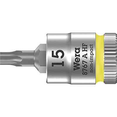 Wera --8767 A HF TORX 15 x 28 mm Soquete de ponta Zyklop com função de retenção 1/4 Wera --8767 A HF TORX 15 x 28 mm Soquete de ponta Zyklop com função de retenção 1/4