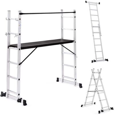 IDMarket Andaime de alumínio com escada multifuncional e plataforma modular sobre rodas, altura 165 cm IDMarket Andaime de alumínio com escada multifuncional e plataforma modular sobre rodas, altura 165 cm