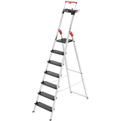 Hailo Topline L100 Escada de tesoura de alumínio de segurança, 7 degraus XXL de até 150 kg, escada de pé com suporte extensível, bloqueio de plataforma, muitos acessórios, escada de alumínio Hailo Topline L100 Escada de tesoura de alumínio de segurança, 7 degraus XXL de até 150 kg, escada de pé com suporte extensível, bloqueio de plataforma, muitos acessórios, escada de alumínio
