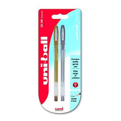 Uni-Ball UM120 Canetas de ponta rolante (2 unidades, tinta de gel, 0,8 mm), cor dourada e prateada Uni-Ball UM120 Canetas de ponta rolante (2 unidades, tinta de gel, 0,8 mm), cor dourada e prateada
