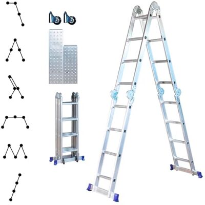 Hoström Escada dobrável articulada STAVALANCE 4 x 4 degraus, andaime multifuncional, escada de tesoura, 2 placas de plataforma de trabalho, garantia de 5 anos Hoström Escada dobrável articulada STAVALANCE 4 x 4 degraus, andaime multifuncional, escada de tesoura, 2 placas de plataforma de trabalho, garantia de 5 anos