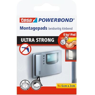 tesa Powerbond Ultra Strong Almofadas de dupla face para instalação interior e exterior protegida, adesivo ultra forte em ambos os lados, embalagem com 9 almofadas tesa Powerbond Ultra Strong Almofadas de dupla face para instalação interior e exterior protegida, adesivo ultra forte em ambos os lados, embalagem com 9 almofadas