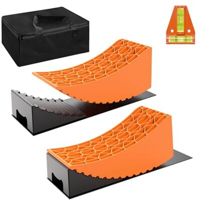 WilTec Conjunto de calços de nivelamento para auto-caravana com 2 calços curvados de 42,4 x 17 x 17,4 cm e 2 cunhas de 20,7 x 17 x 9,6 cm, calços de HDPE para caravanas com tapetes de borracha WilTec Conjunto de calços de nivelamento para auto-caravana com 2 calços curvados de 42,4 x 17 x 17,4 cm e 2 cunhas de 20,7 x 17 x 9,6 cm, calços de HDPE para caravanas com tapetes de borracha