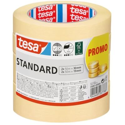 tesa Fita para Pintura STANDARD, Fita de Pintor, Removível Sem Resíduos até 2 Dias Depois, Sem Solventes, Larga, 2x 50m x 30mm + 2x 50m x 19mm tesa Fita para Pintura STANDARD, Fita de Pintor, Removível Sem Resíduos até 2 Dias Depois, Sem Solventes, Larga, 2x 50m x 30mm + 2x 50m x 19mm