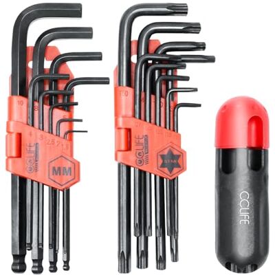 CCLIFE 18 Peças Conjunto de Chaves Allen Profissionais Torx com Punho, Chaves Hexagonais com Extremidade em Forma de Bola 1,5mm-10mm T10-T50 Cr-V Preto CCLIFE 18 Peças Conjunto de Chaves Allen Profissionais Torx com Punho, Chaves Hexagonais com Extremidade em Forma de Bola 1,5mm-10mm T10-T50 Cr-V Preto