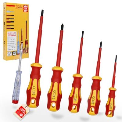 CCLIFE Conjunto 6 chaves de fenda isoladas VDE 1000V com Testador de Tensão Phillips PH1 PH2 Cabo Antiderrapante CCLIFE Conjunto 6 chaves de fenda isoladas VDE 1000V com Testador de Tensão Phillips PH1 PH2 Cabo Antiderrapante