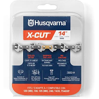 Husqvarna X-Cut S93G Corrente de motosserra de 14 polegadas, passo de 3/8 polegadas, calibre de 0,50 polegadas, substituição de corrente de motosserra de 52 elos, pré-esticada e baixo retrocesso Husqvarna X-Cut S93G Corrente de motosserra de 14 polegadas, passo de 3/8 polegadas, calibre de 0,50 polegadas, substituição de corrente de motosserra de 52 elos, pré-esticada e baixo retrocesso