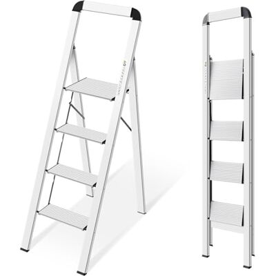 KINGRACK Escada de tesoura 4 degraus dobrável de alumínio, escada doméstica estreita com corrimãos, mecanismo anti-dobrado, uso doméstico cozinha despensa escritório, economia de espaço e portátil KINGRACK Escada de tesoura 4 degraus dobrável de alumínio, escada doméstica estreita com corrimãos, mecanismo anti-dobrado, uso doméstico cozinha despensa escritório, economia de espaço e portátil