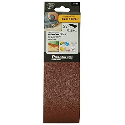 Piranha Black+Decker 3 faixas de lixa. 75 x 510 mm. Grão 80. Madeira, pintura, verniz, gesso, metal e plástico. Longa duração. Piranha Black+Decker 3 faixas de lixa. 75 x 510 mm. Grão 80. Madeira, pintura, verniz, gesso, metal e plástico. Longa duração.