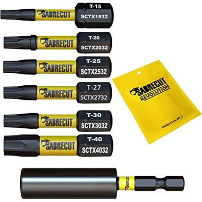 SabreCut 7 x 32 mm T15 TX15 T20 TX20 T25 TX27 TX27 T30 TX30 T40 TX40 Conjunto de pontas de chave de fenda de impacto magnético Torx Heavy Duty compatível com Dewalt Bosch May akita y more SabreCut 7 x 32 mm T15 TX15 T20 TX20 T25 TX27 TX27 T30 TX30 T40 TX40 Conjunto de pontas de chave de fenda de impacto magnético Torx Heavy Duty compatível com Dewalt Bosch May akita y more
