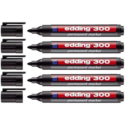 Edding 4-300001 Marcador permanente industrial 300, ponta de bola, etiquetagem de cartão, metal, borracha e vidro, preto (1,5-3 mm, 5 unidades) Edding 4-300001 Marcador permanente industrial 300, ponta de bola, etiquetagem de cartão, metal, borracha e vidro, preto (1,5-3 mm, 5 unidades)