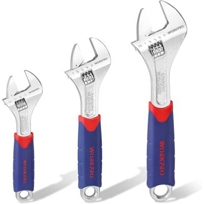 WORKPRO 3 peças chave ajustável (150, 200, 250 mm), chave inglesa aço Cr-V, com pega confortável, chave inglesa profissional com grande abertura WORKPRO 3 peças chave ajustável (150, 200, 250 mm), chave inglesa aço Cr-V, com pega confortável, chave inglesa profissional com grande abertura