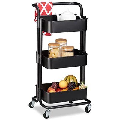 Relaxdays Carrinho auxiliar, 3 andares, 2 travões, carro multiusos cozinha, casa de banho, escritório, metal, 84 x 42 x 37 cm, preto Relaxdays Carrinho auxiliar, 3 andares, 2 travões, carro multiusos cozinha, casa de banho, escritório, metal, 84 x 42 x 37 cm, preto