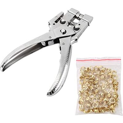 FTVOGUE Ferramenta de configuração de furos, alicates com 100 ilhoses ocos, liga de zinco e aço carbono, 16,5 x 15,5 cm, para couro, tecido, lonas, tendas FTVOGUE Ferramenta de configuração de furos, alicates com 100 ilhoses ocos, liga de zinco e aço carbono, 16,5 x 15,5 cm, para couro, tecido, lonas, tendas