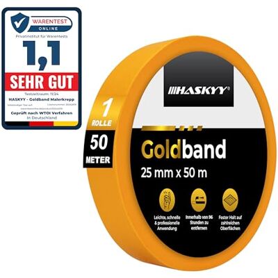 HASKYY Fita de pintor 25 mm x 50 m rolo de fita de carroçaria pintura, fita adesiva mascarar paredes de precisão fita adesiva não deixa resíduos HASKYY Fita de pintor 25 mm x 50 m rolo de fita de carroçaria pintura, fita adesiva mascarar paredes de precisão fita adesiva não deixa resíduos