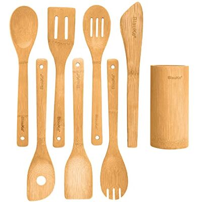 BlauKe Conjunto de Utensílios de Cozinha em Madeira de Bambu – Jogo de 8 Acessórios de Cozinha Originais para Utensílios de Cozinha Antiaderentes (Colheres, Espátulas, Língua, Pá, Pinças, Suporte para BlauKe Conjunto de Utensílios de Cozinha em Madeira de Bambu – Jogo de 8 Acessórios de Cozinha Originais para Utensílios de Cozinha Antiaderentes (Colheres, Espátulas, Língua, Pá, Pinças, Suporte para