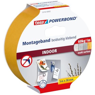 tesa Powerbond INDOOR Fita de montagem frente e verso para uso interno, adesivo forte em ambos os lados, para montagem permanente 5 m tesa Powerbond INDOOR Fita de montagem frente e verso para uso interno, adesivo forte em ambos os lados, para montagem permanente 5 m