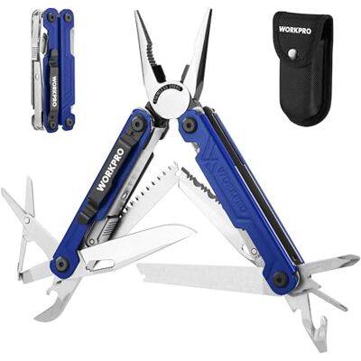 WORKPRO Alicates Multiusos 18 em 1, Alicates Multifunção com Bolsa, Ferramenta Multifuncional Dobrável de Aço Inoxidável com Alicates, Serras, Destornilhador, Lima para Camping, Azul WORKPRO Alicates Multiusos 18 em 1, Alicates Multifunção com Bolsa, Ferramenta Multifuncional Dobrável de Aço Inoxidável com Alicates, Serras, Destornilhador, Lima para Camping, Azul