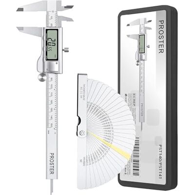Proster Kit de calibre digital de 150 mm / 6" pé de rei com galga de espessura 32 folhas aço inoxidável calibrador digital medição métrica/frações/polegadas para largura comprimento Proster Kit de calibre digital de 150 mm / 6" pé de rei com galga de espessura 32 folhas aço inoxidável calibrador digital medição métrica/frações/polegadas para largura comprimento