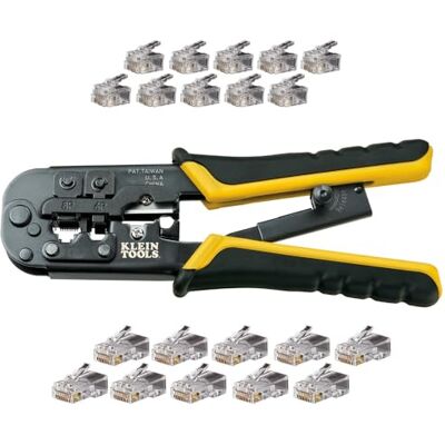 KLEIN TOOLS Kit de instalação modular, amarelo, aço de alto carbono, aderência ergonómica, inclui alicate / decapador de catraca, conectores RJ11/RJ45, conector CAT5e KLEIN TOOLS Kit de instalação modular, amarelo, aço de alto carbono, aderência ergonómica, inclui alicate / decapador de catraca, conectores RJ11/RJ45, conector CAT5e
