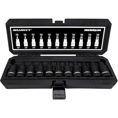 HASKYY Conjunto de pontas para porcas Torx, chave de tubo, conjunto Torx interno, ferramenta de porcas T20 T80, acionamento de 1/2", 11 peças HASKYY Conjunto de pontas para porcas Torx, chave de tubo, conjunto Torx interno, ferramenta de porcas T20 T80, acionamento de 1/2", 11 peças
