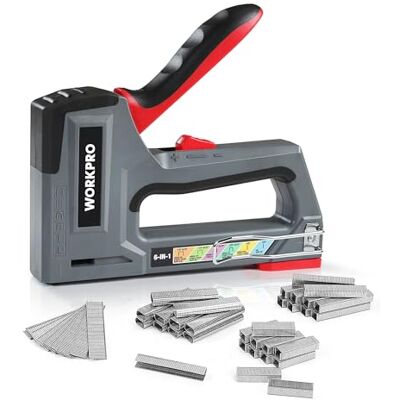 WORKPRO Agrafadora e Clavadora Manual 6 em 1, Agrafadora de Tapiceiro, Ideal para Fixação, Decoração, Carpintaria, Inclui 4000 Agrafos/Pregos WORKPRO Agrafadora e Clavadora Manual 6 em 1, Agrafadora de Tapiceiro, Ideal para Fixação, Decoração, Carpintaria, Inclui 4000 Agrafos/Pregos