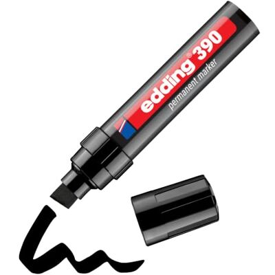 Edding Marcador permanente 390, preto, 1 caneta, ponta de cinzel larga, 4-12 mm, impermeável, de secagem rápida, marcador multiusos, caneta universal, para cartão, plástico, madeira, metal, Edding Marcador permanente 390, preto, 1 caneta, ponta de cinzel larga, 4-12 mm, impermeável, de secagem rápida, marcador multiusos, caneta universal, para cartão, plástico, madeira, metal,