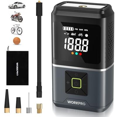 WORKPRO Bomba insuflável, insuflador de pneus sem fios de 7,2 V, compressor de ar portátil, 4 modos de insuflação, 150 PSI/10,3 BAR, ecrã digital inteligente LED WORKPRO Bomba insuflável, insuflador de pneus sem fios de 7,2 V, compressor de ar portátil, 4 modos de insuflação, 150 PSI/10,3 BAR, ecrã digital inteligente LED