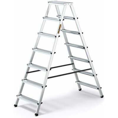 DRABEST Escada de tesoura dobrável de alumínio escada de 2 x 7 degraus escada multiusos em ambos os lados escada doméstica capacidade de carga até 125 kg DRABEST Escada de tesoura dobrável de alumínio escada de 2 x 7 degraus escada multiusos em ambos os lados escada doméstica capacidade de carga até 125 kg