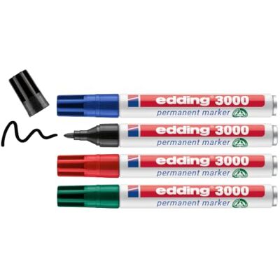 Edding 3000 marcador permanente preto, vermelho, azul, verde 4 marcadores ponta redonda secagem rápida indelével resistente à água e aos borrões cartão plástico madeira metal universal Edding 3000 marcador permanente preto, vermelho, azul, verde 4 marcadores ponta redonda secagem rápida indelével resistente à água e aos borrões cartão plástico madeira metal universal