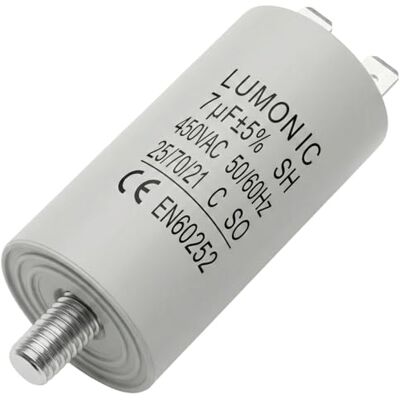 Lumonic Condensador de partida 7 µF 450 V com tomada I 30 x 60 mm I 7uF I condensador de motor com caixa de plástico I condensador de funcionamento I para bombas, corta-relvas, ferramentas Lumonic Condensador de partida 7 µF 450 V com tomada I 30 x 60 mm I 7uF I condensador de motor com caixa de plástico I condensador de funcionamento I para bombas, corta-relvas, ferramentas