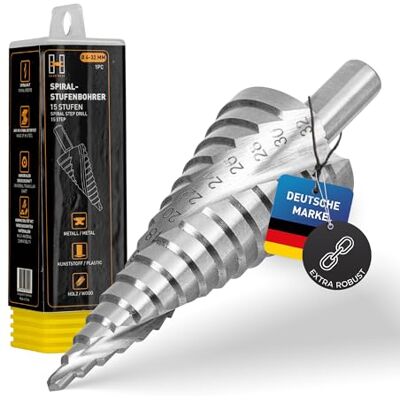 HARDTWERK Broca escalonada de 4-32 mm de diâmetro, HSS de alta qualidade, haste triangular universal, ideal para metal, madeira, plástico, 15 níveis, afiação de longa duração HARDTWERK Broca escalonada de 4-32 mm de diâmetro, HSS de alta qualidade, haste triangular universal, ideal para metal, madeira, plástico, 15 níveis, afiação de longa duração