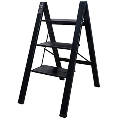BAOYOUNI Escada dobrável de 3 degraus escada doméstica em alumínio banco portátil com pedal de largura antiderrapante, capacidade máxima 135 kg, para casa, cozinha, escritório, biblioteca, preta BAOYOUNI Escada dobrável de 3 degraus escada doméstica em alumínio banco portátil com pedal de largura antiderrapante, capacidade máxima 135 kg, para casa, cozinha, escritório, biblioteca, preta