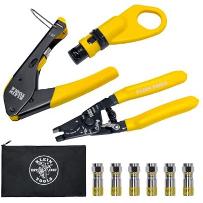 KLEIN TOOLS Kit de instalação coaxial com conectores F, cortador de cabos, ferramenta de compressão, descascador, mais KLEIN TOOLS Kit de instalação coaxial com conectores F, cortador de cabos, ferramenta de compressão, descascador, mais