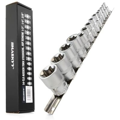 HASKYY Conjunto de 14 porcas Torx E4-E24 1/4 3/8 1/2" chaves de copo Torx E4-E24 HASKYY Conjunto de 14 porcas Torx E4-E24 1/4 3/8 1/2" chaves de copo Torx E4-E24