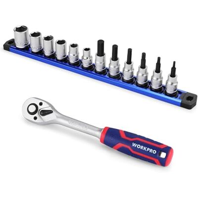 WORKPRO Conjunto de chaves de copo e arraca de 14 peças, com chaves de copo métricas e hexagonais, com organizador magnético e arraca 3/8 polegadas de libertação rápida, para reparação de automóveis WORKPRO Conjunto de chaves de copo e arraca de 14 peças, com chaves de copo métricas e hexagonais, com organizador magnético e arraca 3/8 polegadas de libertação rápida, para reparação de automóveis