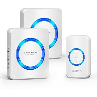 VOXON Campainha sem fio, alcance de 400 m, conjunto de campainha com 2 receptores, resistente à água IP65 para exteriores, campainha de porta com luz LED, 5 níveis de volume, 60 melodias VOXON Campainha sem fio, alcance de 400 m, conjunto de campainha com 2 receptores, resistente à água IP65 para exteriores, campainha de porta com luz LED, 5 níveis de volume, 60 melodias