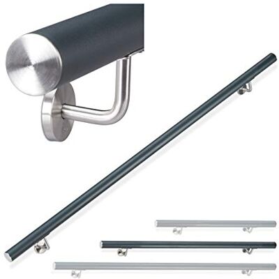 Relaxdays Corrimão de alumínio, redondo, interior e exterior, mate, 150 cm, Ø 42 mm, suporte, antracite Relaxdays Corrimão de alumínio, redondo, interior e exterior, mate, 150 cm, Ø 42 mm, suporte, antracite