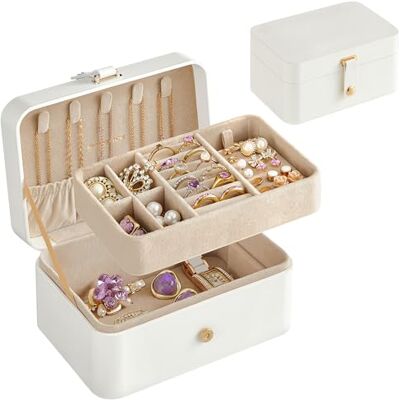 SONGMICS Caixa de Joias de Viagem, Caixa de Joias Pequena, 2 Níveis, Joalheiro Portátil, para Acessórios Grandes, 11 x 16 x 8 cm, Ideia de Presente, Branco Nuvem JBC166W01 SONGMICS Caixa de Joias de Viagem, Caixa de Joias Pequena, 2 Níveis, Joalheiro Portátil, para Acessórios Grandes, 11 x 16 x 8 cm, Ideia de Presente, Branco Nuvem JBC166W01