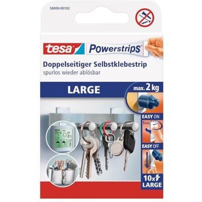tesa Powerstrips Grande tiras adesivas dupla face ideais para superfícies planas e lisas, para objetos de até 2 kg, 10 x tesa Powerstrips Grande tiras adesivas dupla face ideais para superfícies planas e lisas, para objetos de até 2 kg, 10 x