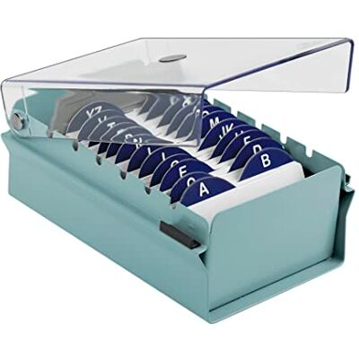 Acrimet Caixa para cartões de visita, porta cartão de negócio, inclui cartões de índice AZ 95 mm x 68 mm e separador (base de metal verde e tampa articulada de plástico transparente) Acrimet Caixa para cartões de visita, porta cartão de negócio, inclui cartões de índice AZ 95 mm x 68 mm e separador (base de metal verde e tampa articulada de plástico transparente)