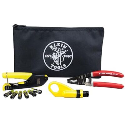 KLEIN TOOLS Kit de instalação coaxial com conectores F, cortador de cabos, ferramenta de compressão, descascador, mais KLEIN TOOLS Kit de instalação coaxial com conectores F, cortador de cabos, ferramenta de compressão, descascador, mais