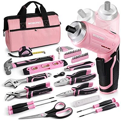 WORKPRO Kit de ferramentas com chave de fenda elétrica, 53 peças, ferramentas com bolsa rosa portátil, ferramentas duradouras e resistentes, perfeito para bricolagem, manutenção de casa WORKPRO Kit de ferramentas com chave de fenda elétrica, 53 peças, ferramentas com bolsa rosa portátil, ferramentas duradouras e resistentes, perfeito para bricolagem, manutenção de casa