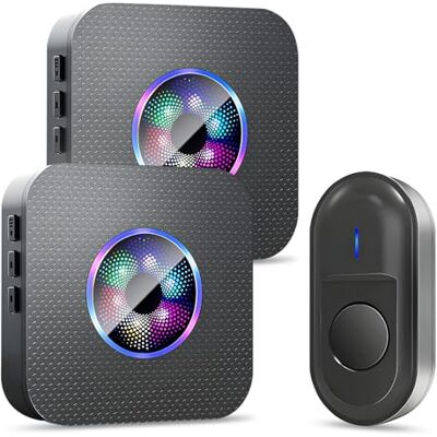 Carehabi Campainha sem fios com 2 receptores, alcance de 300 m sem fios exterior impermeável, sem fios exterior com 55 tons de chamada, 5 níveis de volume Carehabi Campainha sem fios com 2 receptores, alcance de 300 m sem fios exterior impermeável, sem fios exterior com 55 tons de chamada, 5 níveis de volume