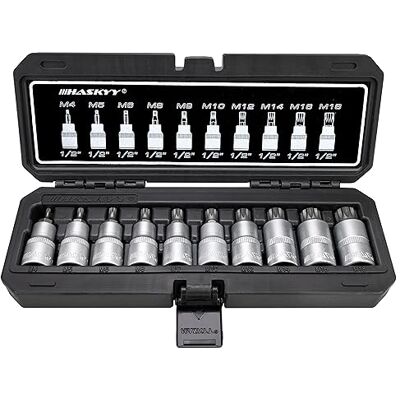 HASKYY Jogo de chaves de copo caneladas XZN de 1/2" com bits de 10 peças M4, M5, M6, M8, M9, M10, M12, M14, M16, M18 HASKYY Jogo de chaves de copo caneladas XZN de 1/2" com bits de 10 peças M4, M5, M6, M8, M9, M10, M12, M14, M16, M18
