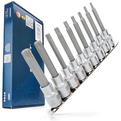 HASKYY Conjunto de pontas Torx longas de 100 mm T20-T60 1/2" (12,5 mm), chave quadrada interna, 9 peças HASKYY Conjunto de pontas Torx longas de 100 mm T20-T60 1/2" (12,5 mm), chave quadrada interna, 9 peças